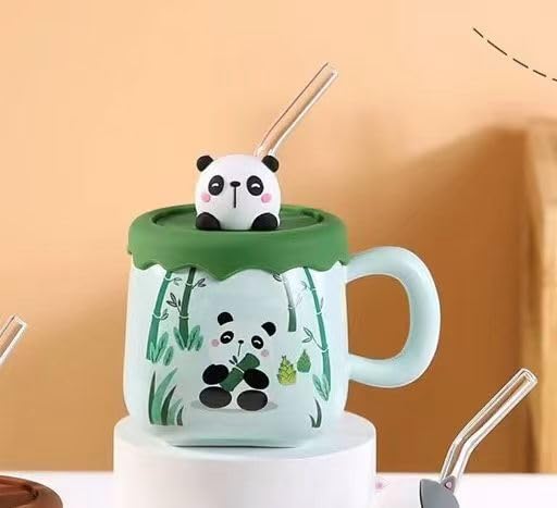 Vasukie Panda Coffee Mug with Silicone Lid & Glass Spoon, Mugs for Coffee, Rakhi for Brother, Birthday Gift, Ceramic Mug, 3D Panda Lid Coffee Mug (Silicone Panda Mug) - Image 1