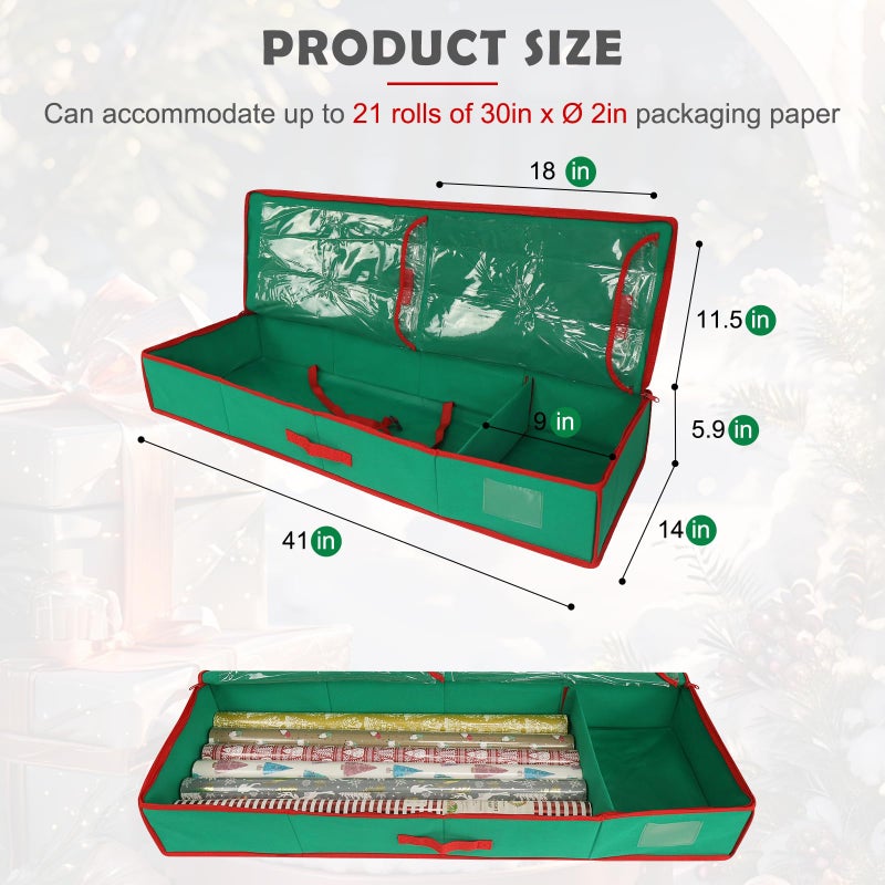 bruwaa Christmas Wrapping Paper Organizer Storage Bag Containers Interior Pockets 41" Fits Up to 27 Rolls 3/8â€ Diam, Green - Image 2
