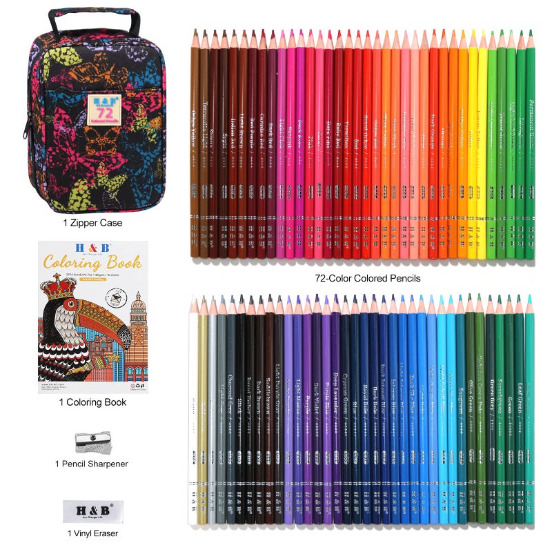 HB H & B 72-Color Colored Pencils Set with Coloring Book, Eraser, and Sharpener - Perfect for Drawing and Coloring - Soft Oil-Based Cores Ideal for Adults and Beginners - Image 2