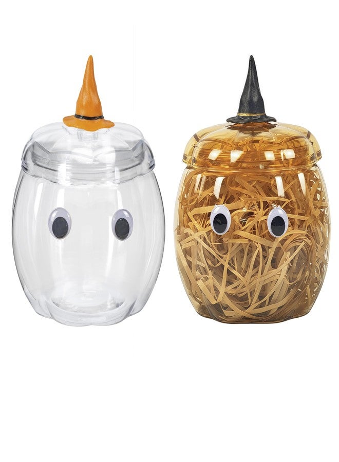 HANZE Plastic Pumpkin Jar with Lid - 25oz/740ml Halloween, Thanksgiving Decor & Gift Box - Cute Party Favors with Eyes, Witch Hat & Raffia Paper (Clear + Orange) - Image 1