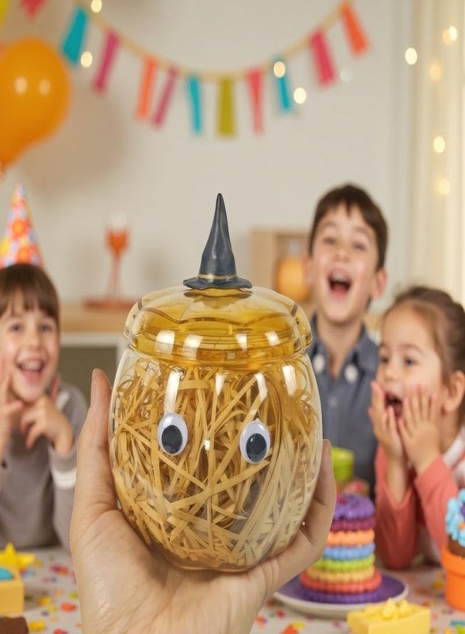 HANZE Plastic Pumpkin Jar with Lid - 25oz/740ml Halloween, Thanksgiving Decor & Gift Box - Cute Party Favors with Eyes, Witch Hat & Raffia Paper (Clear + Orange) - Image 4