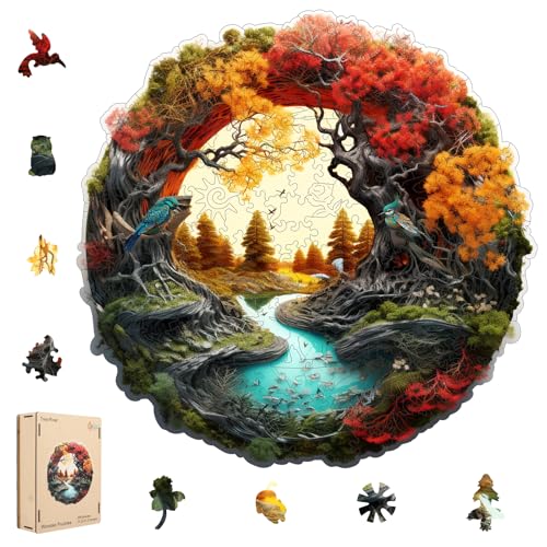 MEATRN Tree River 200 Pieces Wooden Puzzles for Adults Autumn Landscape Jigsaw Puzzle with Colorful Trees and Flowing River Family Night Fun 112x111 in - Image 1