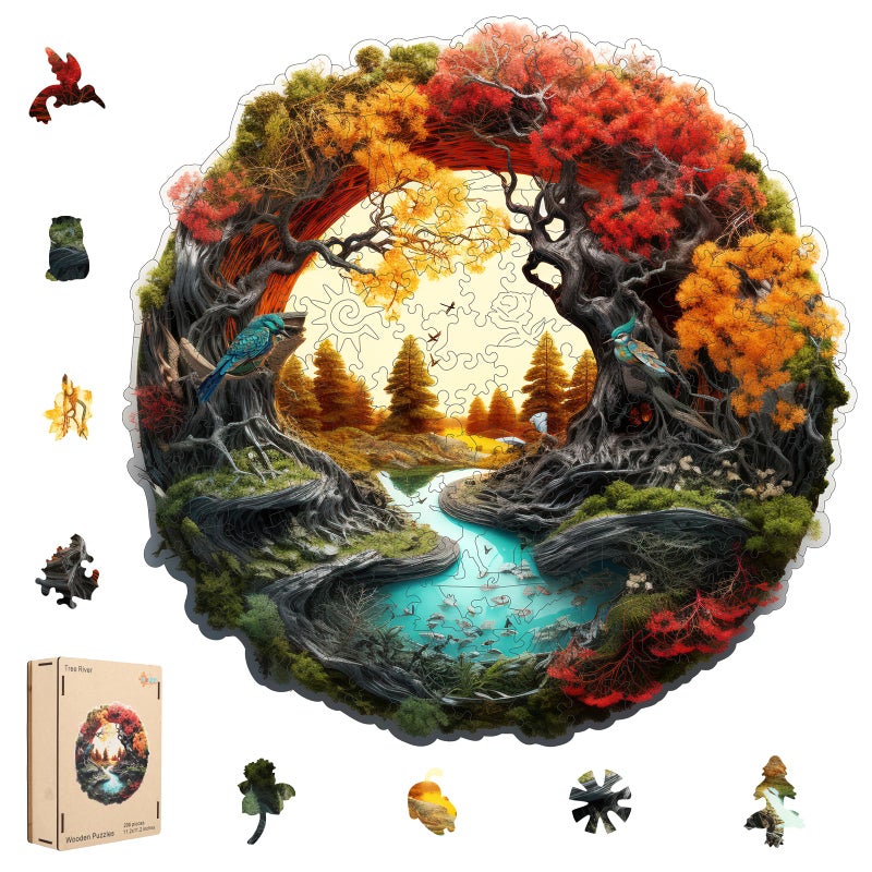 MEATRN Tree River 200 Pieces Wooden Puzzles for Adults Autumn Landscape Jigsaw Puzzle with Colorful Trees and Flowing River Family Night Fun 112x111 in - Image 3