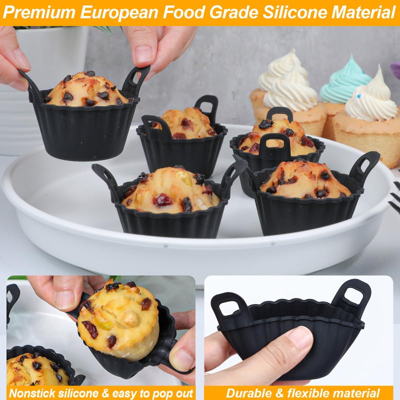 Koluti Reusable Silicone Baking Cups Set of 12, Nonstick Muffin Cupcakes Mold with Double Handle, BPA Free, Mini Round Air Fryer Cupcake Liners, Black - Image 4