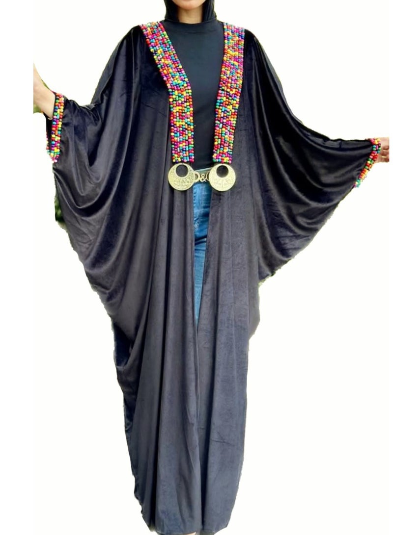 Women velvet black opened abaya kaftan kimono Ramadan with wood beads bedouin style - Image 1