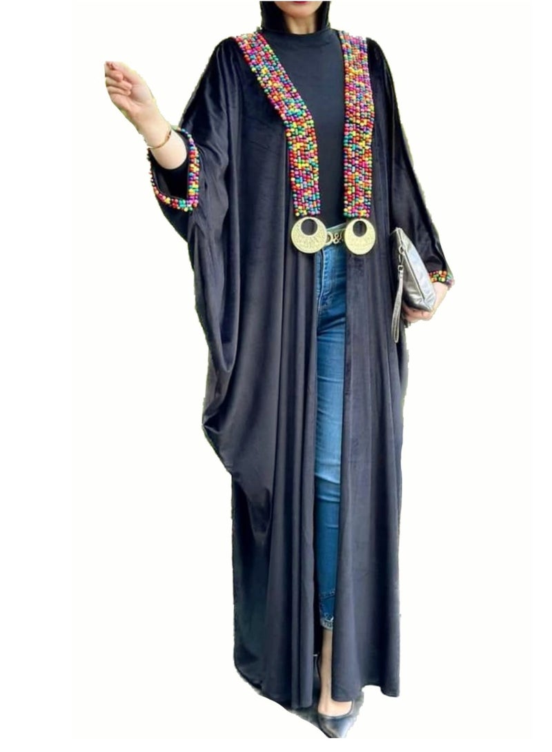 Women velvet black opened abaya kaftan kimono Ramadan with wood beads bedouin style - Image 2