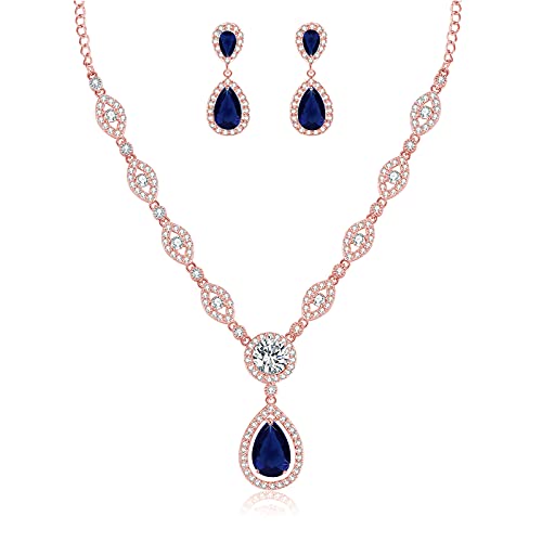 GULICX Jewelry Set for Womens, Rose Gold Plated Teardrop Rhinestone Wedding Bridesmaid Prom Jewelry Set Pendant Necklace Drop Dangle Earrings Set for Brides - Image 1