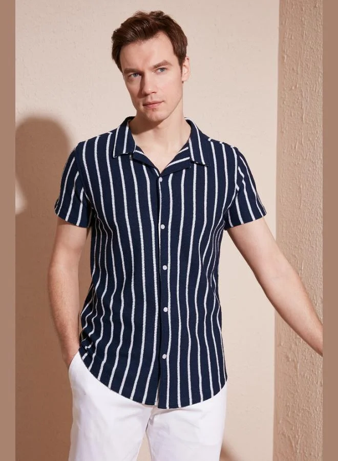 Buratti  Buratti Striped Cotton Blend Short Sleeve Apache Collar Regular Fit Shirt Men's SHIRT CF24S117664 for Men | Best Price UAE