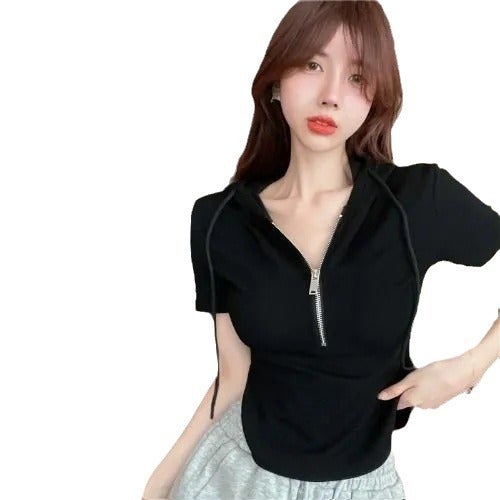 Cropped Hoodie Zipper Tee Irregular Hem White Black - Image 2