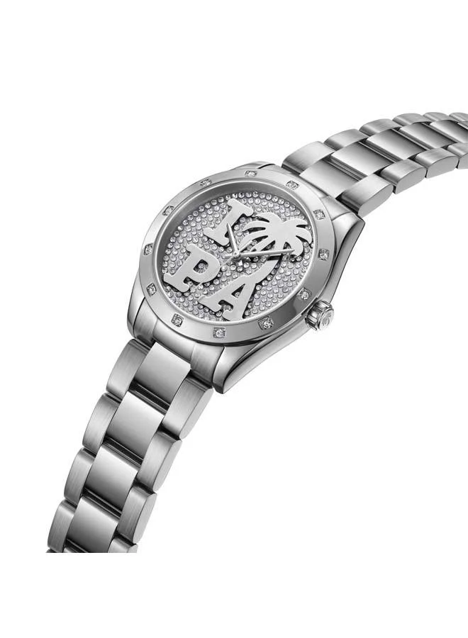 Palm Angels Strada White Pave Crystal Dial Stainless Steel Bracelet Analog Watch for Women, 34mm