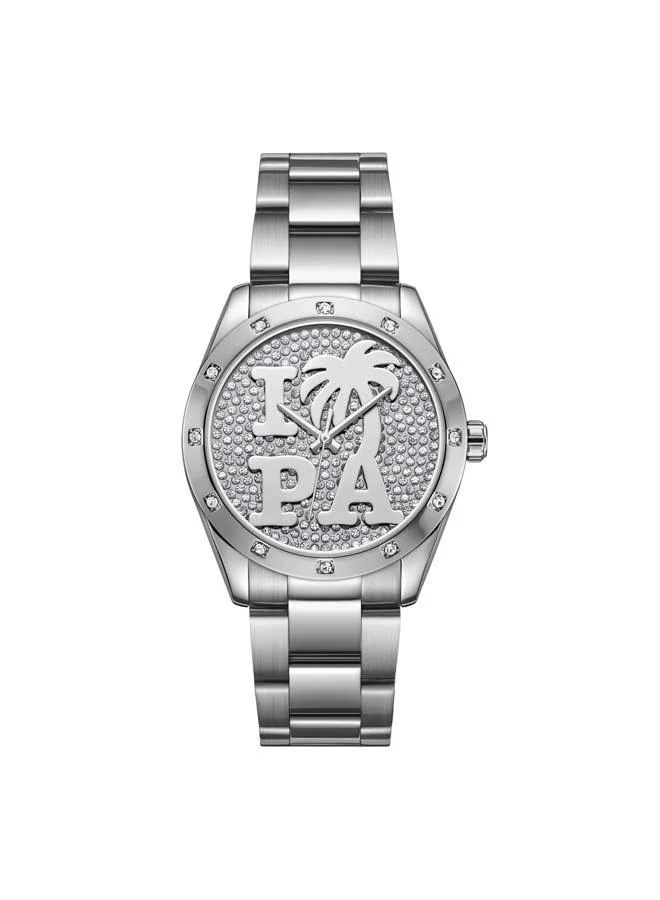 Palm Angels Strada White Pave Crystal Dial Stainless Steel Bracelet Analog Watch for Women, 34mm