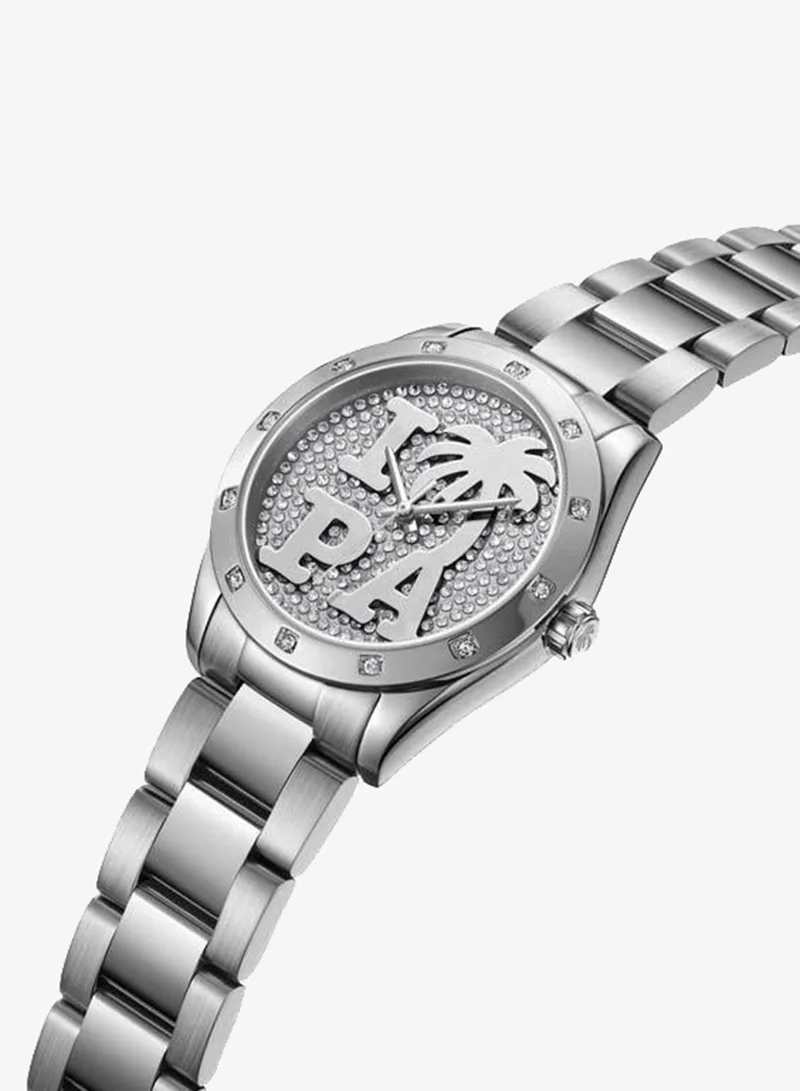 Palm Angels Strada White Pave Crystal Dial Stainless Steel Bracelet Analog Watch for Women, 34mm
