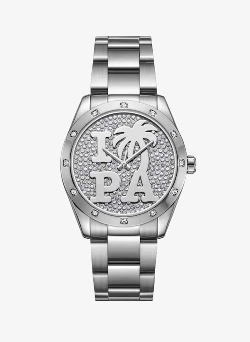 Palm Angels Strada White Pave Crystal Dial Stainless Steel Bracelet Analog Watch for Women, 34mm