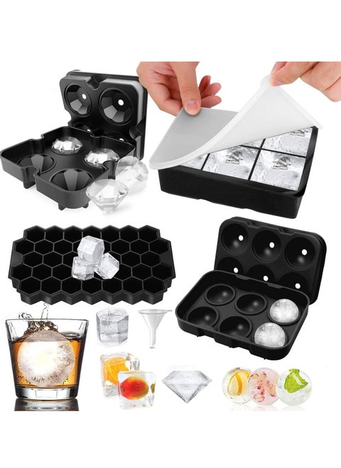 Ice Cube Trays (Set of 4) Silicone Ice Cube Molds with Lid and Funnel Easy-release Ice Cube Maker for Freezer - Diamond, Sphere, Square and Honeycomb Shaped Ice Moulds Set,Keep Drinks Chilled