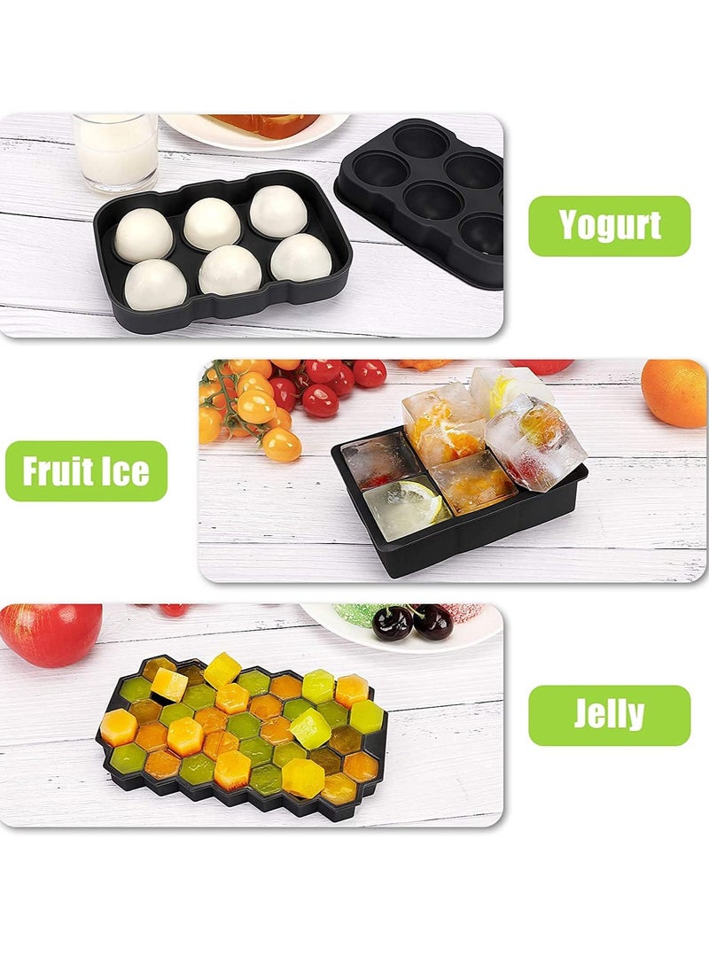 Ice Cube Trays (Set of 4) Silicone Ice Cube Molds with Lid and Funnel Easy-release Ice Cube Maker for Freezer - Diamond, Sphere, Square and Honeycomb Shaped Ice Moulds Set,Keep Drinks Chilled