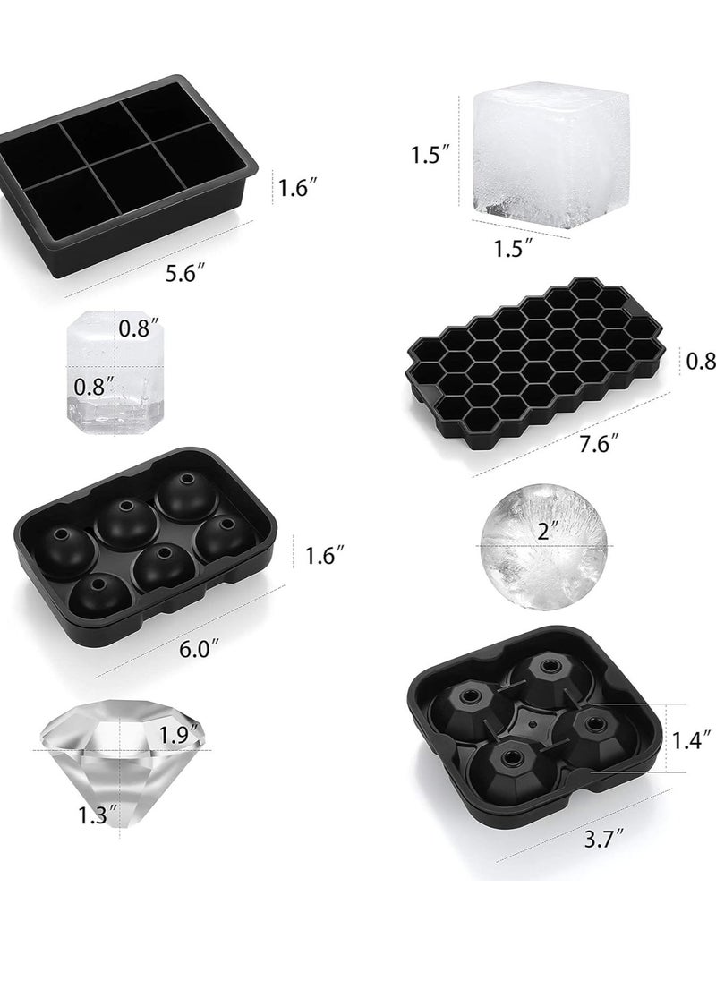 Ice Cube Trays (Set of 4) Silicone Ice Cube Molds with Lid and Funnel Easy-release Ice Cube Maker for Freezer - Diamond, Sphere, Square and Honeycomb Shaped Ice Moulds Set,Keep Drinks Chilled