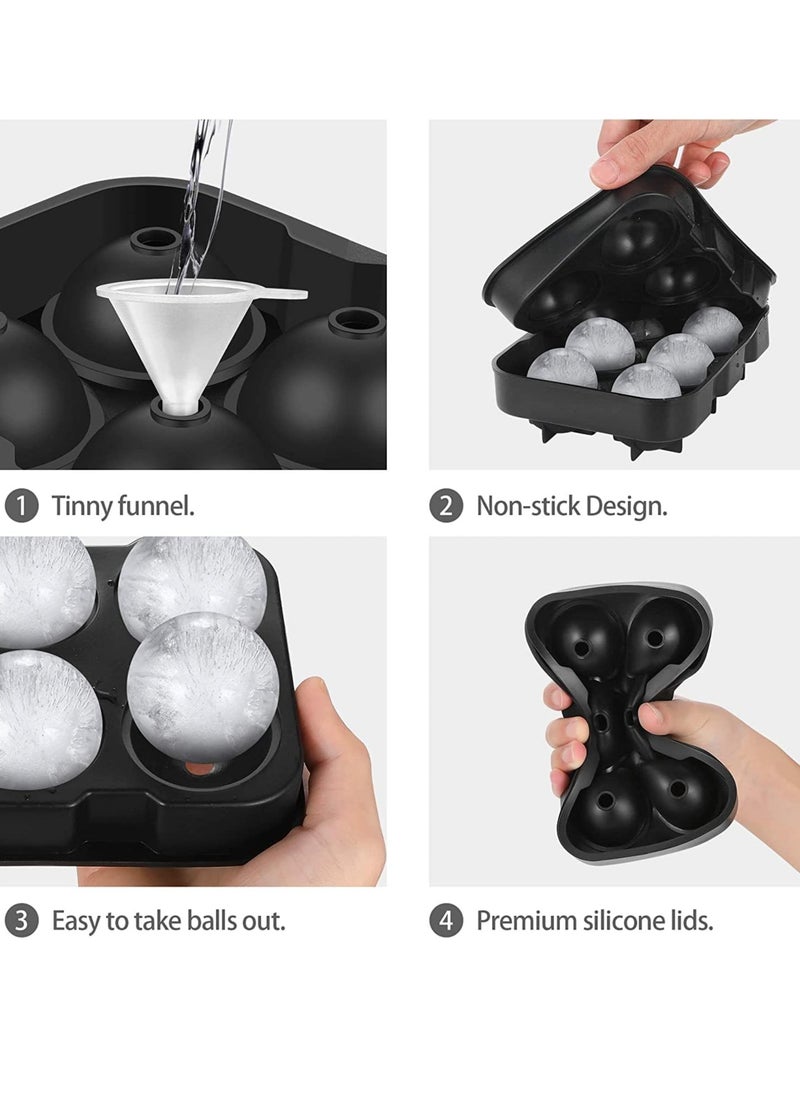 Ice Cube Trays (Set of 4) Silicone Ice Cube Molds with Lid and Funnel Easy-release Ice Cube Maker for Freezer - Diamond, Sphere, Square and Honeycomb Shaped Ice Moulds Set,Keep Drinks Chilled