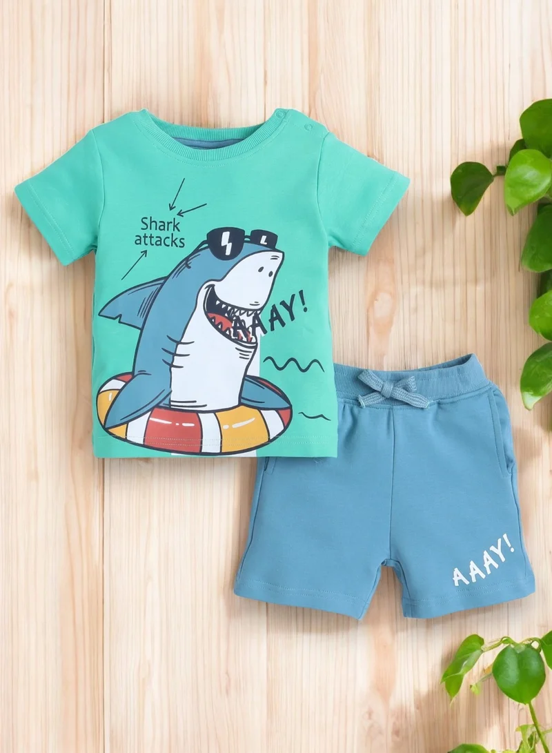 victor and jane Victor and Jane Infant 2PC Set, Green T-Shirt with Cute Shark And Blue Shorts