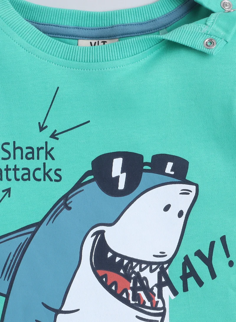 victor and jane Victor and Jane Infant 2PC Set, Green T-Shirt with Cute Shark And Blue Shorts