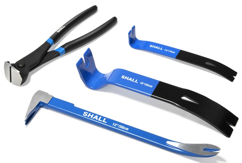 SHALL 4Piece Pry Bar Set 12Inch Cats Paw Nail Puller 10Inch 75Inch Flat Claw Pry Bars 8Inch End Cutting Pliers Utility Wonder Crowbar Nail Remover Tool for Baseboard Floor Nails Removal