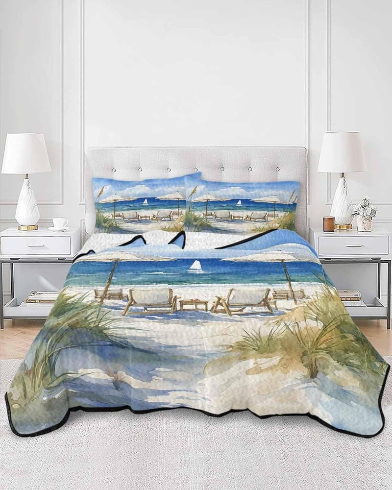 Quilts King Size Bedding Set, Coastal Nautical Wave Lightweight Quilted Comforter, Ocean Oil Painting Beach Plant Soft Reversible Bedspread Coverlet with Pillow Covers for All Season, 96" x 106" - Image 3