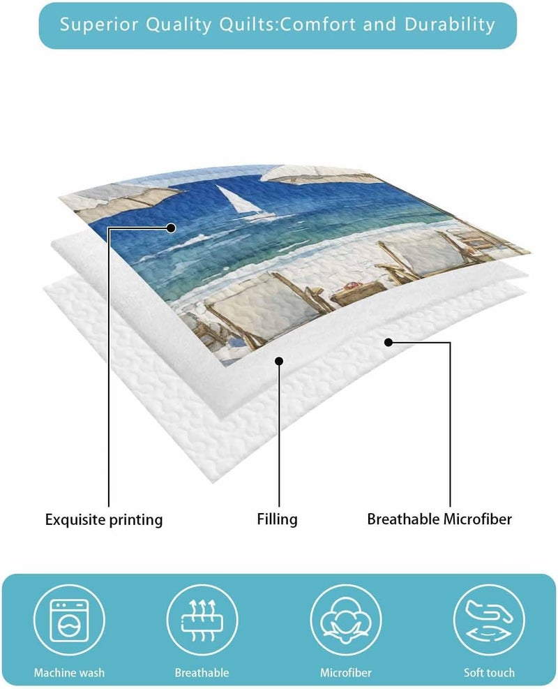 Quilts King Size Bedding Set, Coastal Nautical Wave Lightweight Quilted Comforter, Ocean Oil Painting Beach Plant Soft Reversible Bedspread Coverlet with Pillow Covers for All Season, 96" x 106" - Image 5