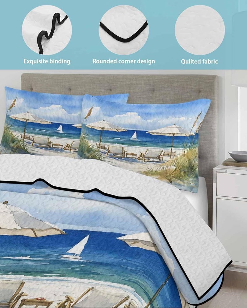 Quilts King Size Bedding Set, Coastal Nautical Wave Lightweight Quilted Comforter, Ocean Oil Painting Beach Plant Soft Reversible Bedspread Coverlet with Pillow Covers for All Season, 96" x 106" - Image 4