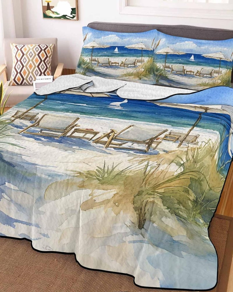 Quilts King Size Bedding Set, Coastal Nautical Wave Lightweight Quilted Comforter, Ocean Oil Painting Beach Plant Soft Reversible Bedspread Coverlet with Pillow Covers for All Season, 96" x 106" - Image 2