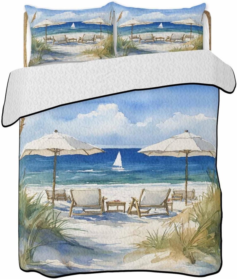 Quilts King Size Bedding Set, Coastal Nautical Wave Lightweight Quilted Comforter, Ocean Oil Painting Beach Plant Soft Reversible Bedspread Coverlet with Pillow Covers for All Season, 96" x 106" - Image 1