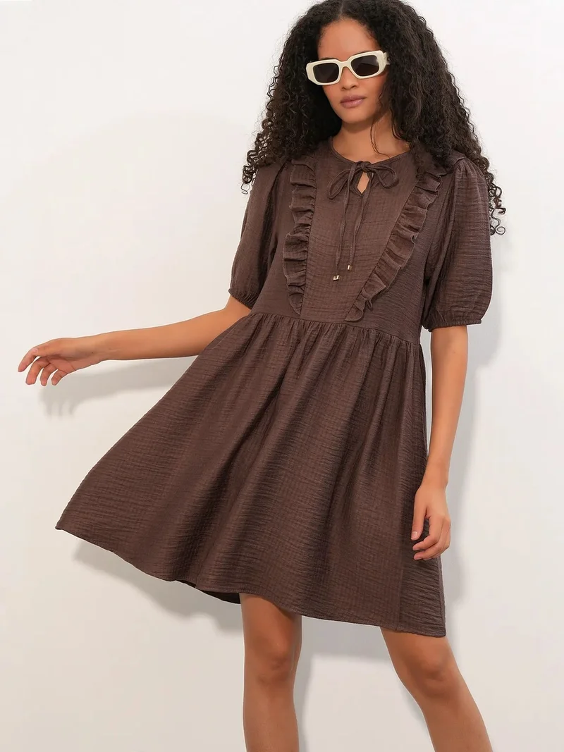 Big Dart Coffee Brown BDART Women's A-line Mini Smock Dress for Women | Best Price UAE