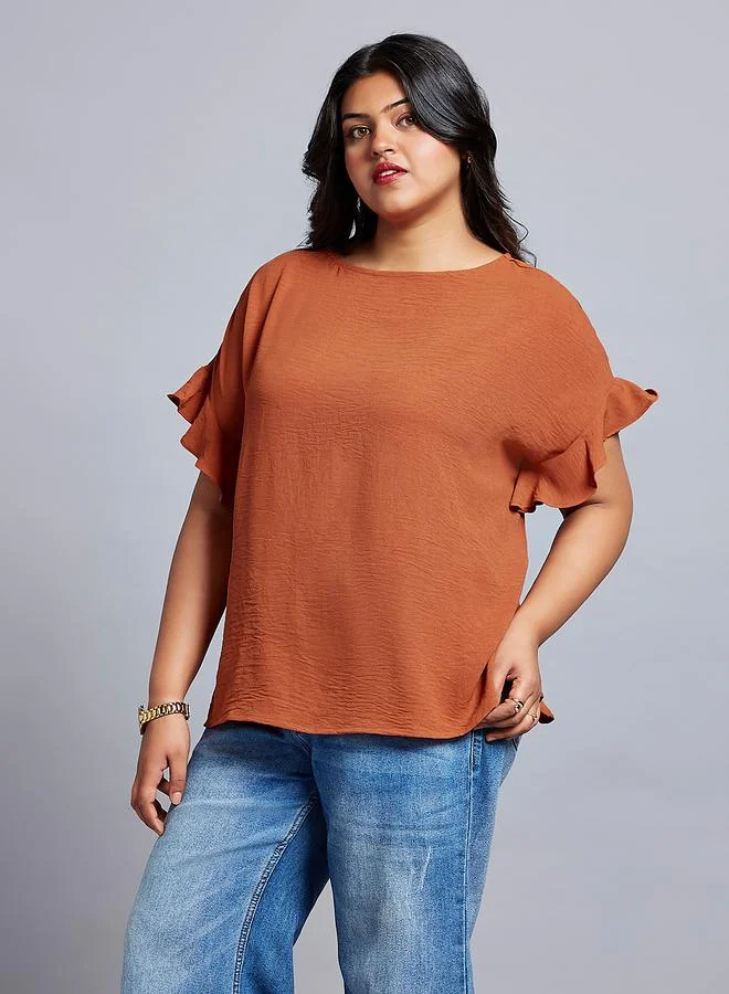 globus Globus Plus Size Rust Ruffle Sleeve Top