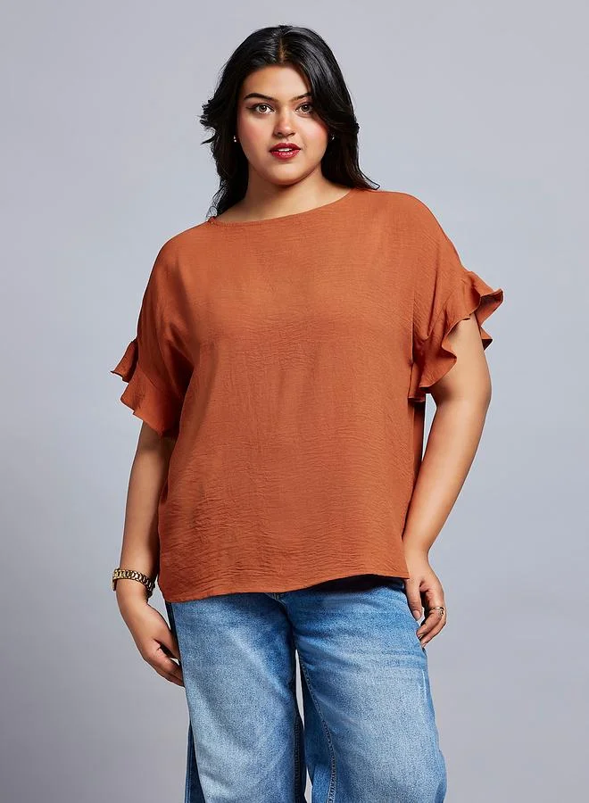 globus Globus Plus Size Rust Ruffle Sleeve Top
