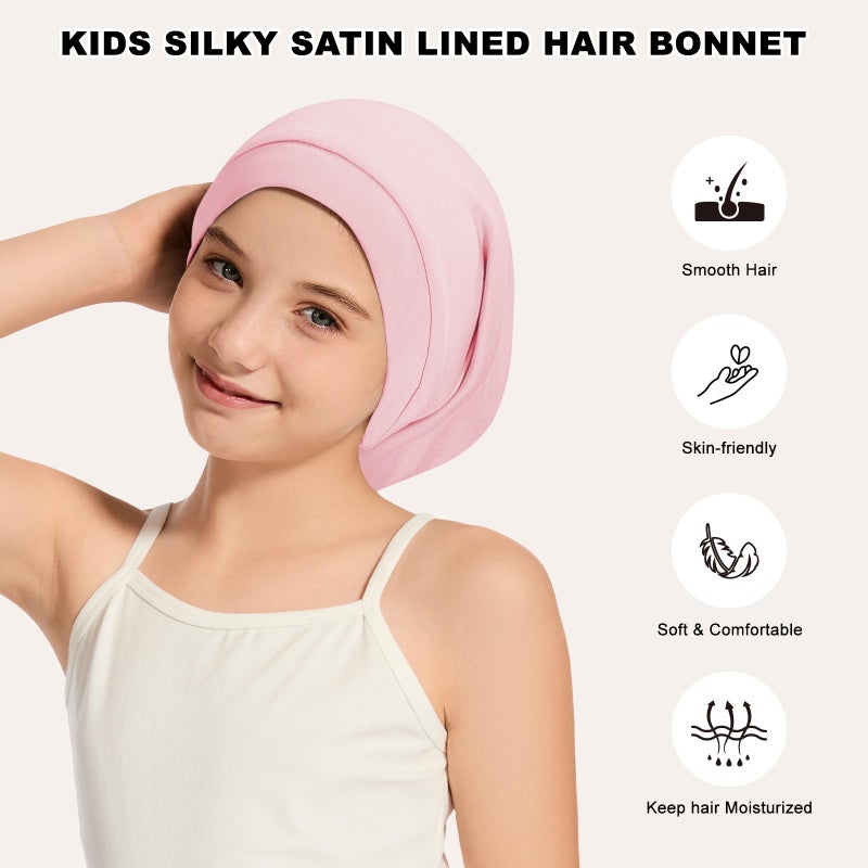 ZHENSILK 2Pcs Kids Bonnets for Girls Boys Silk Satin Lined Bonnet for Sleeping Adjustable Double-Layer Sleep Cap for Frizzy Curly Hair Slouchy Hat Beanie for Toddler Child Teens(Black&Pink) - Image 3