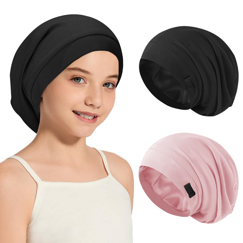 ZHENSILK 2Pcs Kids Bonnets for Girls Boys Silk Satin Lined Bonnet for Sleeping Adjustable Double-Layer Sleep Cap for Frizzy Curly Hair Slouchy Hat Beanie for Toddler Child Teens(Black&Pink) - Image 1