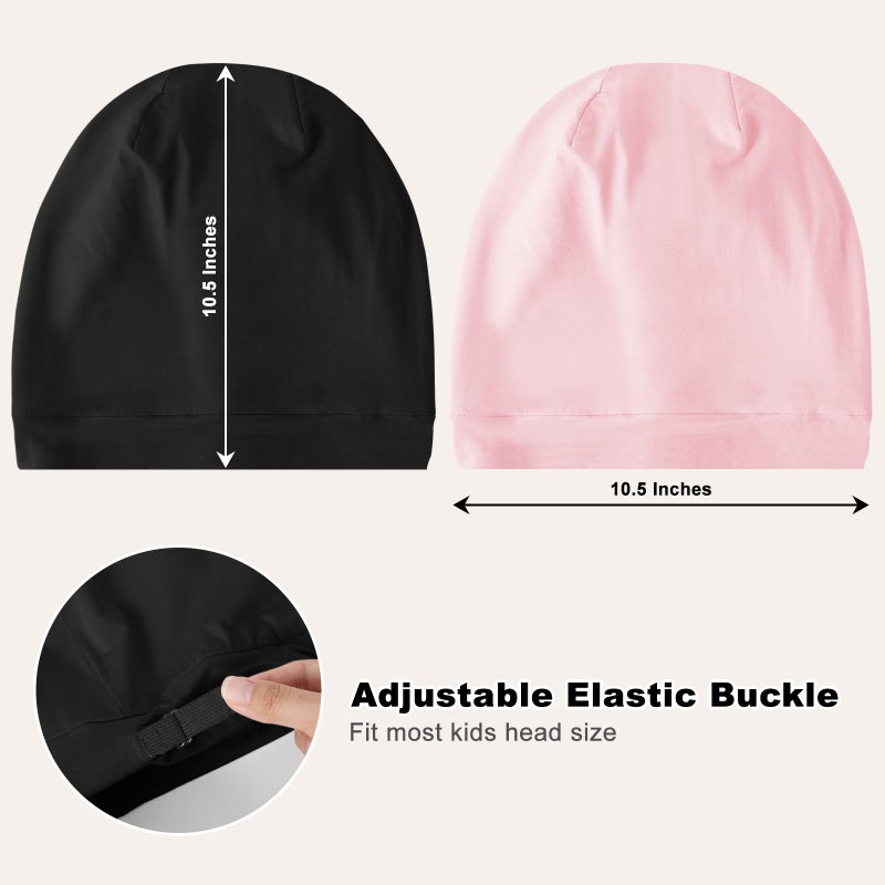 ZHENSILK 2Pcs Kids Bonnets for Girls Boys Silk Satin Lined Bonnet for Sleeping Adjustable Double-Layer Sleep Cap for Frizzy Curly Hair Slouchy Hat Beanie for Toddler Child Teens(Black&Pink) - Image 4