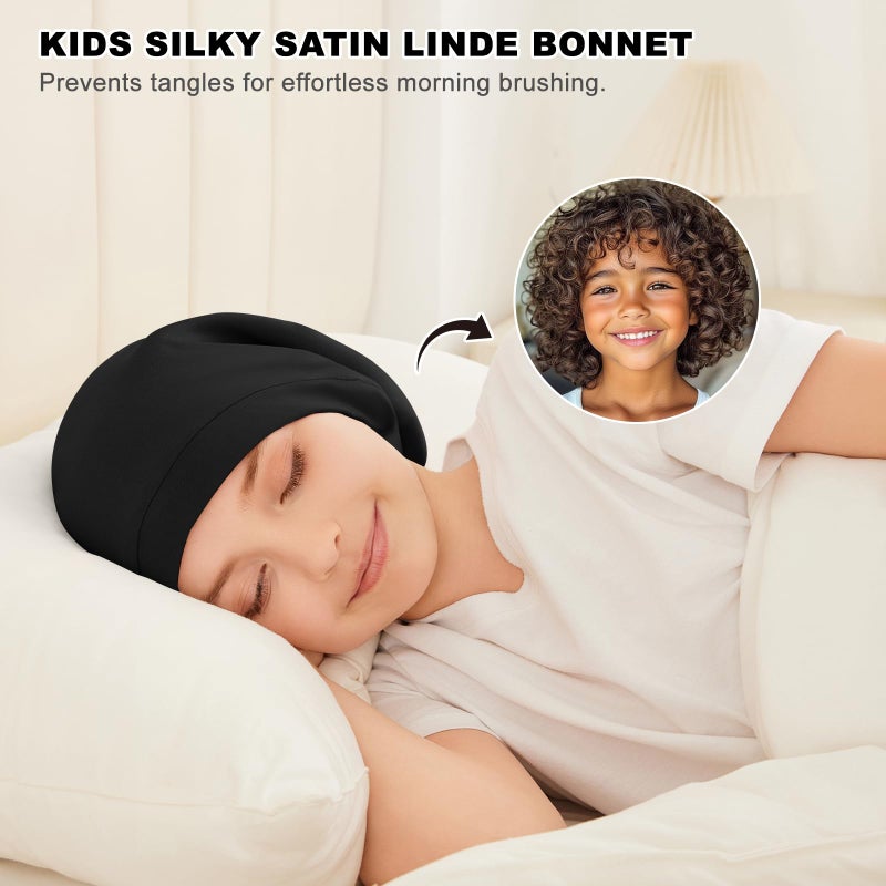 ZHENSILK 2Pcs Kids Bonnets for Girls Boys Silk Satin Lined Bonnet for Sleeping Adjustable Double-Layer Sleep Cap for Frizzy Curly Hair Slouchy Hat Beanie for Toddler Child Teens(Black&Pink) - Image 2