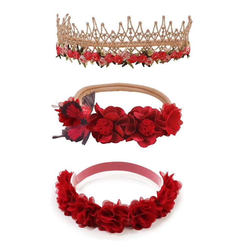 mligril Baby Girl Nylon Headbands Flower Hair Bows Accessories-Elastic Hair Band Crown Handmade FLoral Wraps Birthday Christmas Gifts for Girls Newborn Infant Toddler 3Pcs - Image 1