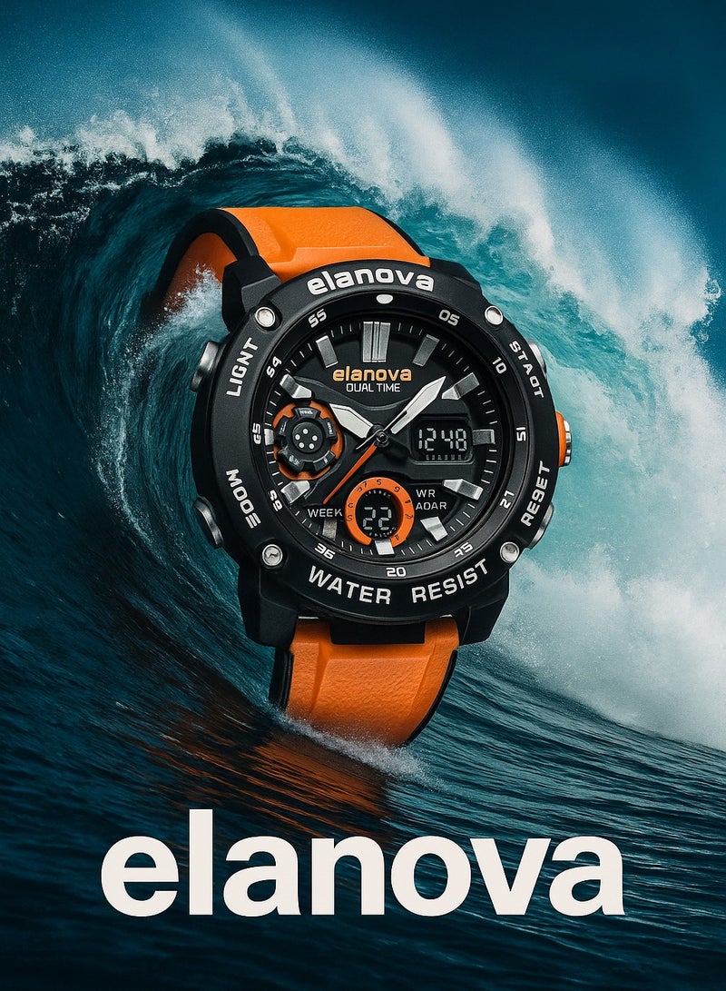 إيلانوفا ساعة يد رقمية وتناظرية بتصميم رياضي، مقاومة للماء حتى 5 بار، مزودة بتوقيت مزدوج وحزام سيليكون متين، طراز EL70 - Image 2