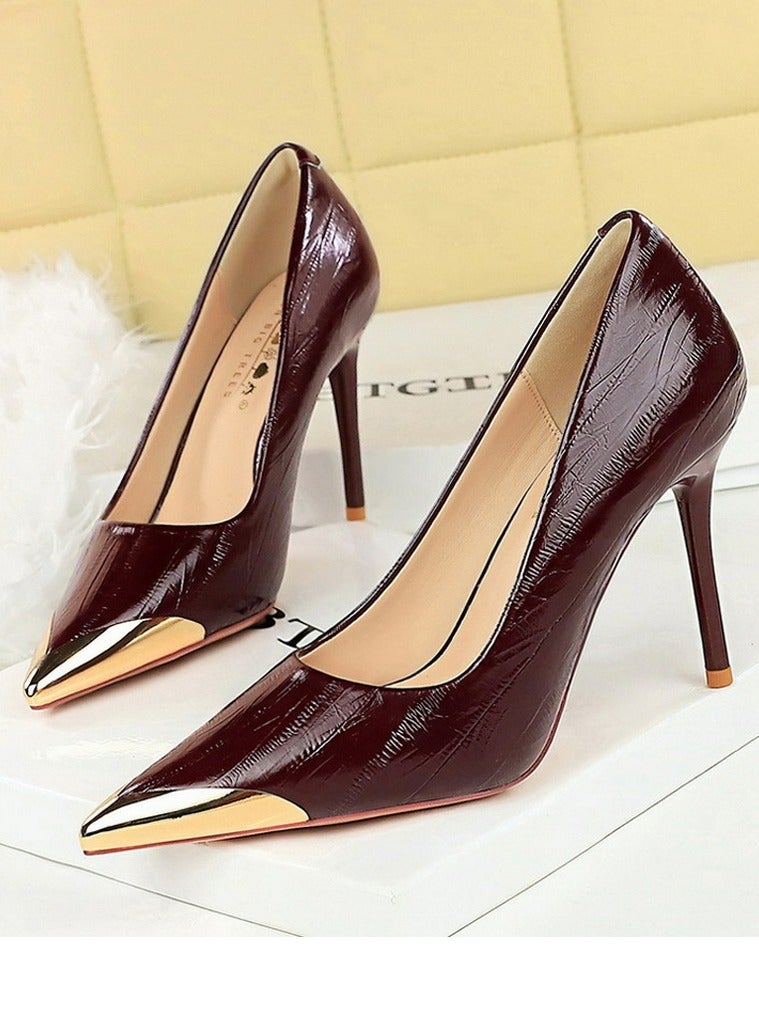 بيج تري المرأة أنيقة معدنية مغلقة أشارت إصبع القدم الكعب العالي النبيذ الأحمر 9.5CM - Image 1