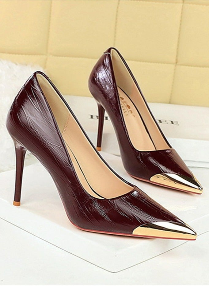 بيج تري المرأة أنيقة معدنية مغلقة أشارت إصبع القدم الكعب العالي النبيذ الأحمر 9.5CM - Image 2