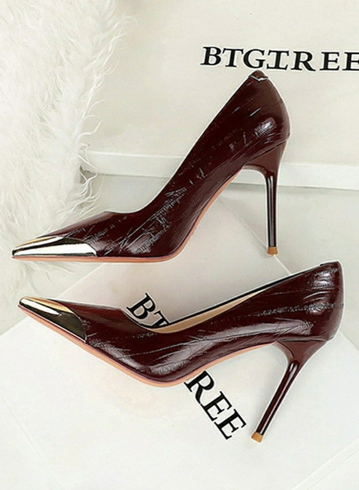 بيج تري المرأة أنيقة معدنية مغلقة أشارت إصبع القدم الكعب العالي النبيذ الأحمر 9.5CM - Image 3