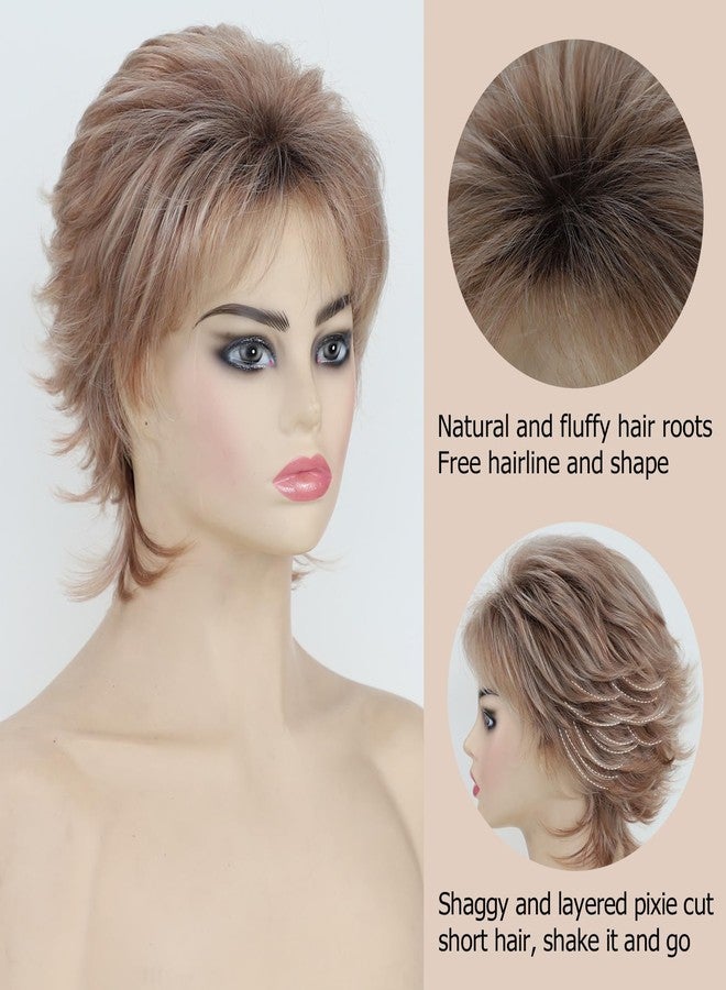 TISHINING Pixie Layered Short Brown Wigs for White Women Ombre Brown Mix Blonde Pixie Cut Synthetic Short Hair Wig with Bangs Natural Looking Daily Party Wig - Image 3