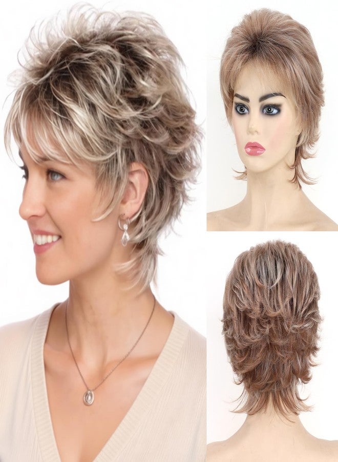 TISHINING Pixie Layered Short Brown Wigs for White Women Ombre Brown Mix Blonde Pixie Cut Synthetic Short Hair Wig with Bangs Natural Looking Daily Party Wig - Image 1