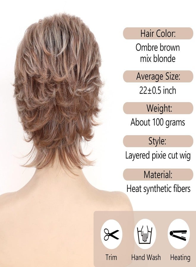 TISHINING Pixie Layered Short Brown Wigs for White Women Ombre Brown Mix Blonde Pixie Cut Synthetic Short Hair Wig with Bangs Natural Looking Daily Party Wig - Image 5