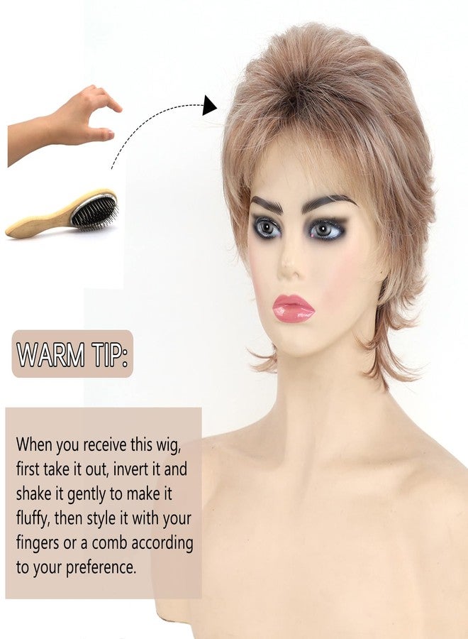 TISHINING Pixie Layered Short Brown Wigs for White Women Ombre Brown Mix Blonde Pixie Cut Synthetic Short Hair Wig with Bangs Natural Looking Daily Party Wig - Image 4
