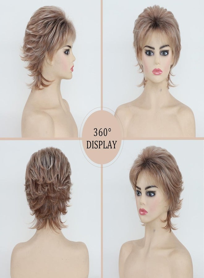 TISHINING Pixie Layered Short Brown Wigs for White Women Ombre Brown Mix Blonde Pixie Cut Synthetic Short Hair Wig with Bangs Natural Looking Daily Party Wig - Image 2