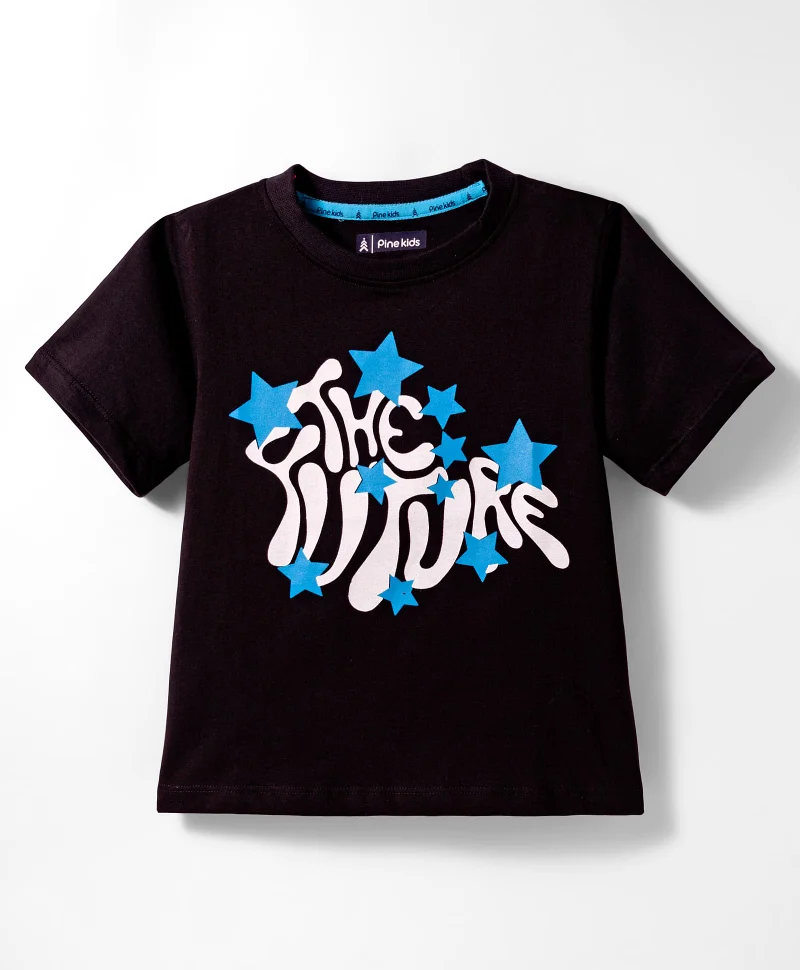 Pine Kids Pine Kids Cotton Knit Half Sleeves T-Shirt with Text Print - Black