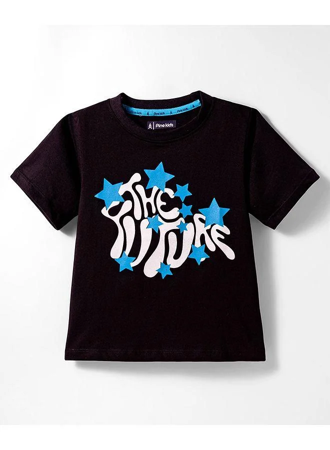 Pine Kids Pine Kids Cotton Knit Half Sleeves T-Shirt with Text Print - Black