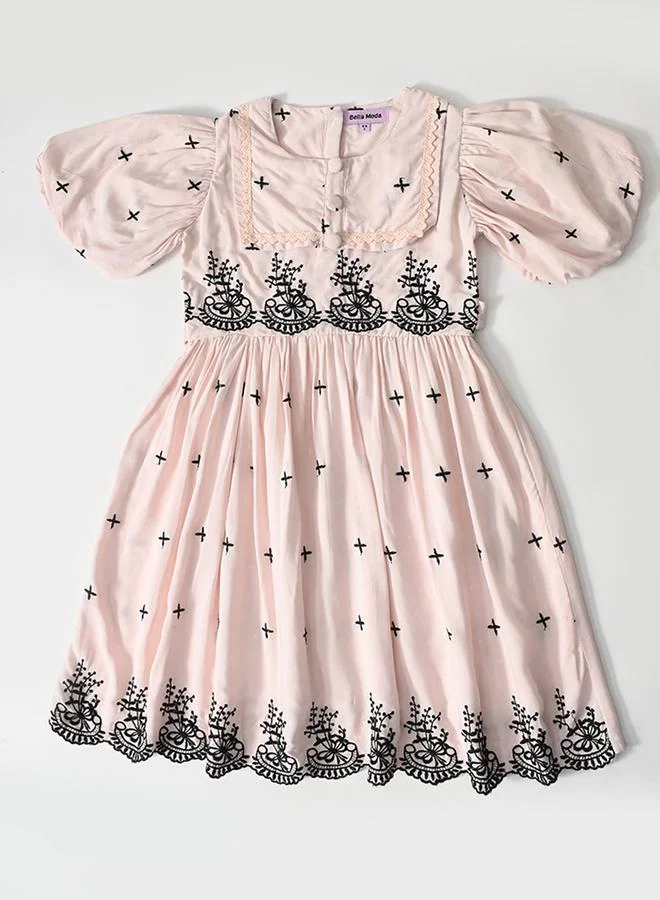 Bella Moda Cotton Woven Scallop Hem Dress with Floral Embroidery