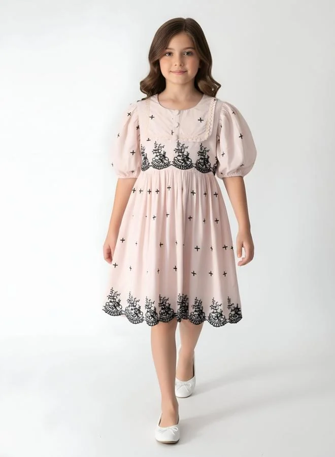 Bella Moda Cotton Woven Scallop Hem Dress with Floral Embroidery